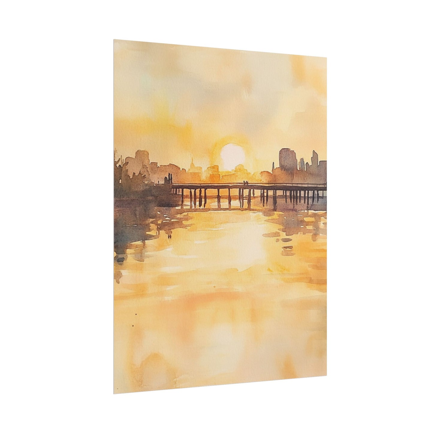 Golden Horizon - Abstract Sunset Cityscape Watercolour