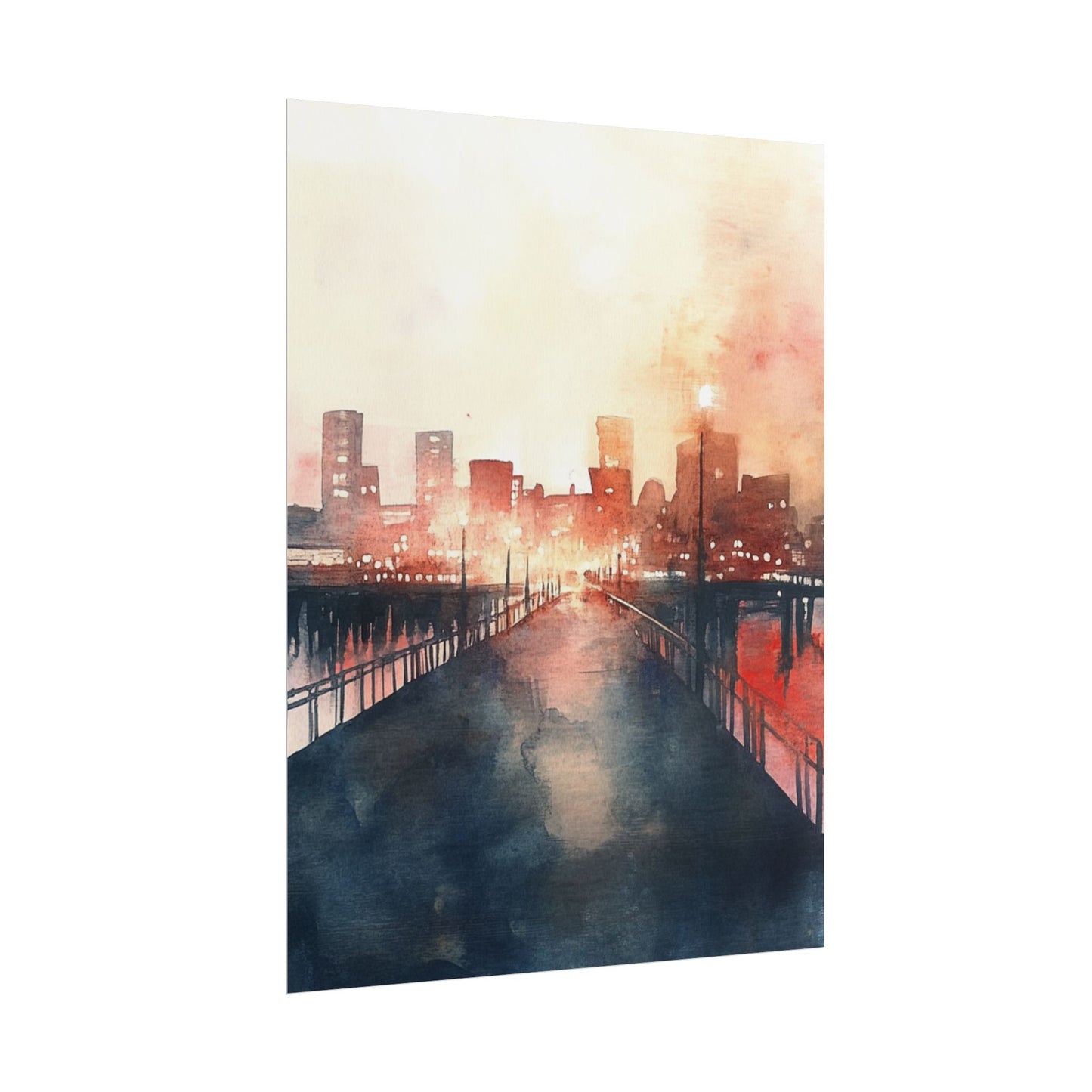 City Lights Reflection - Abstract Watercolour of Urban Twilight