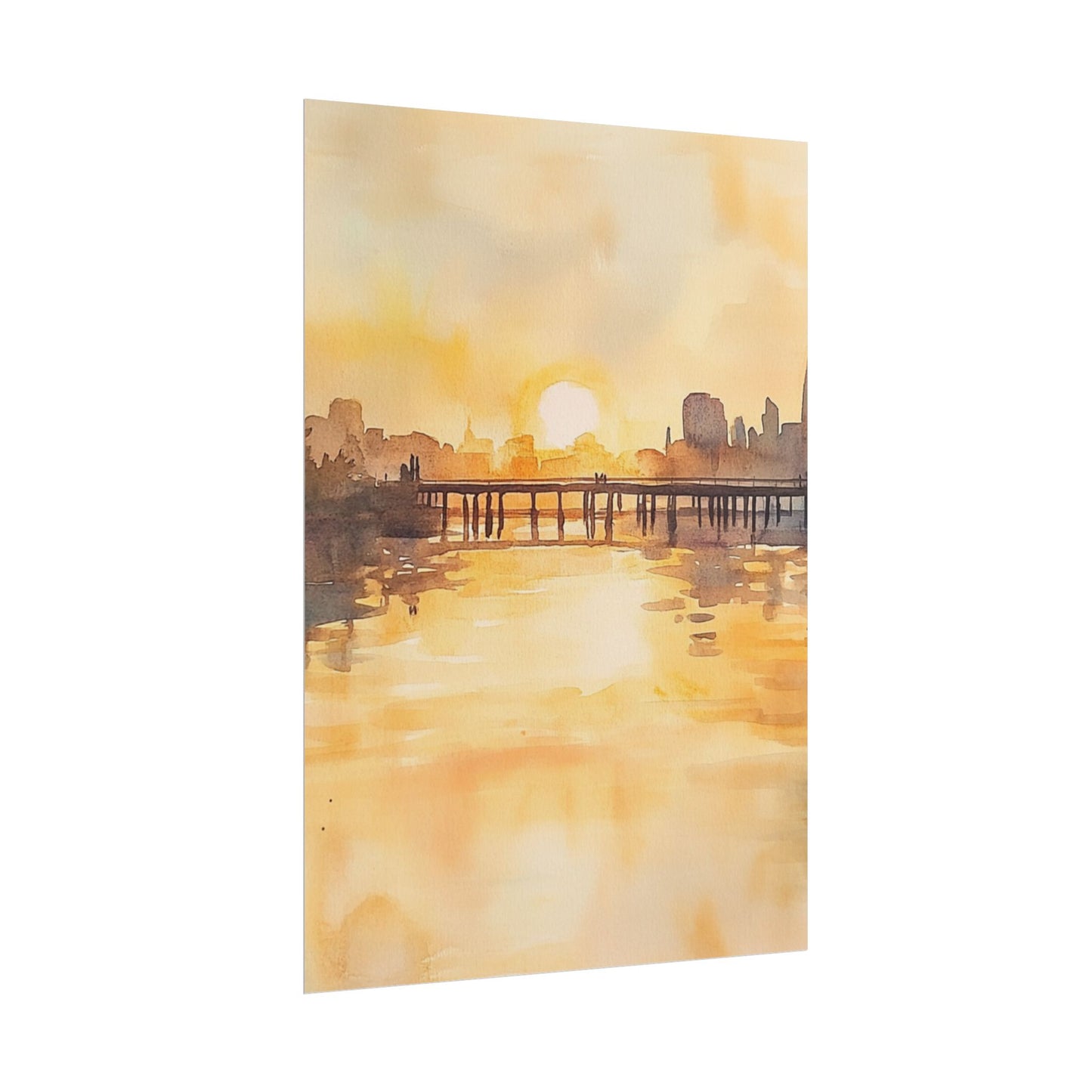 Golden Horizon - Abstract Sunset Cityscape Watercolour