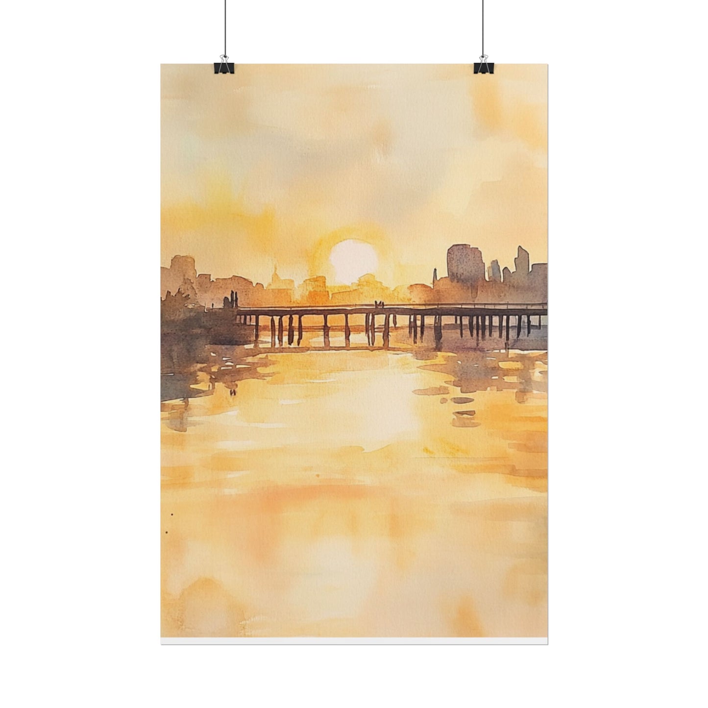 Golden Horizon - Abstract Sunset Cityscape Watercolour