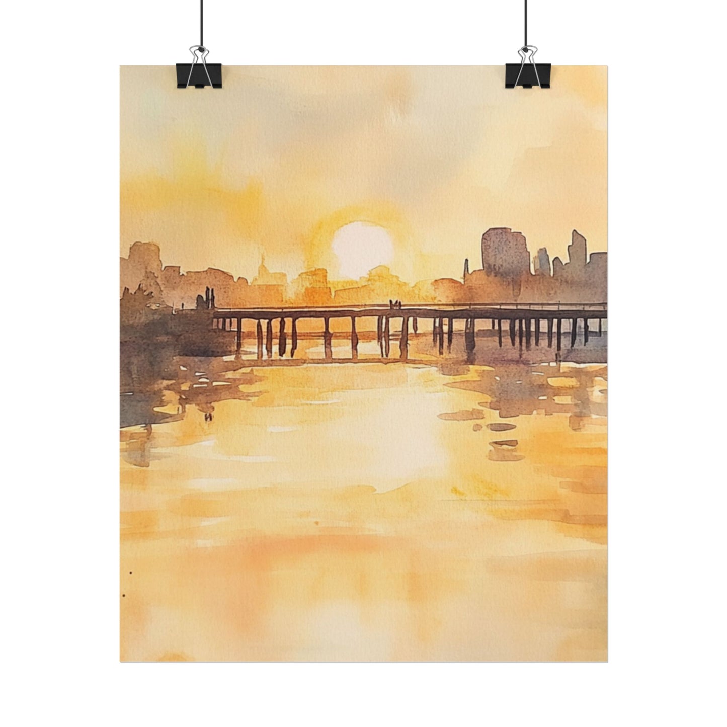 Golden Horizon - Abstract Sunset Cityscape Watercolour