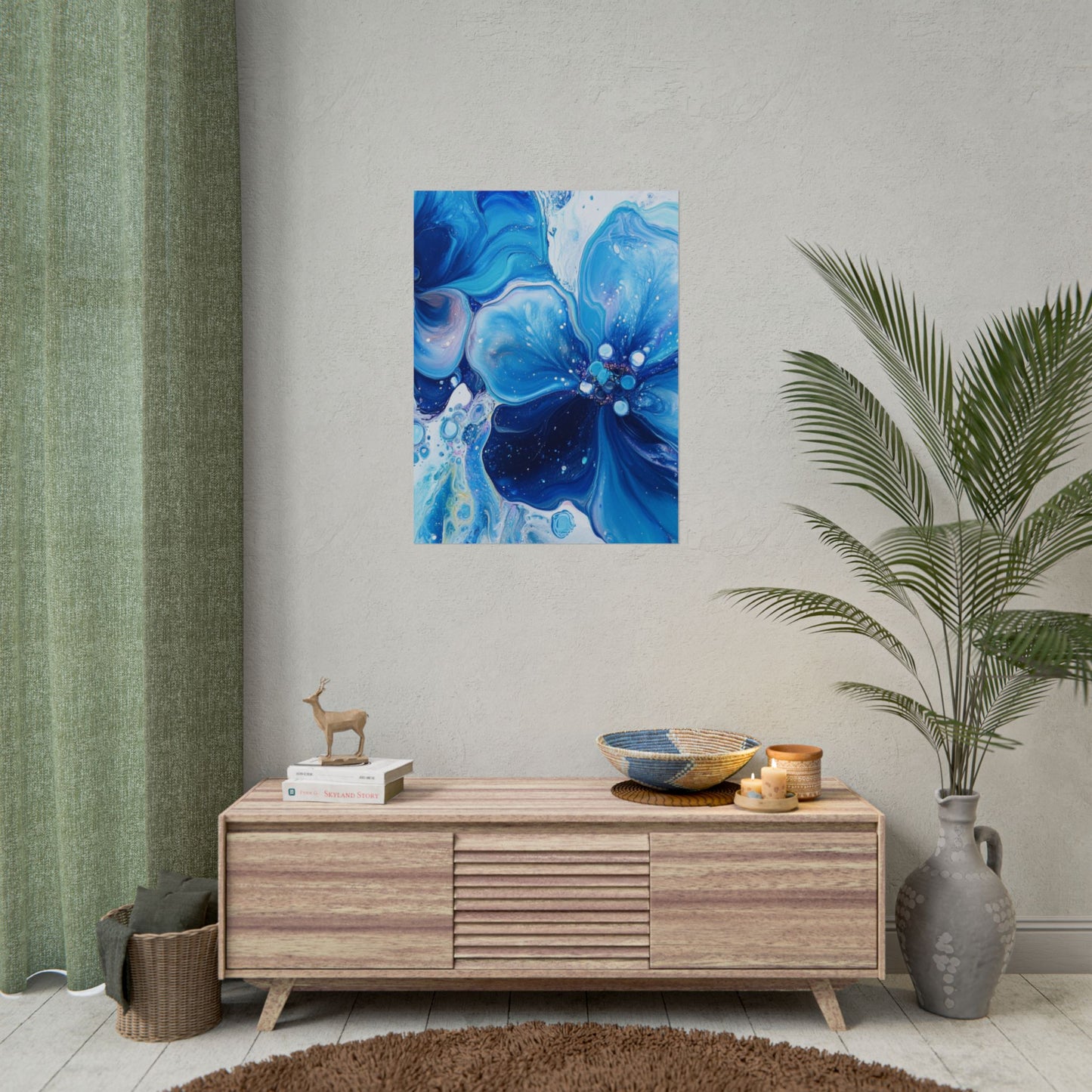 Celestial Bloom - Abstract Floral Art Print in Shades of Blue