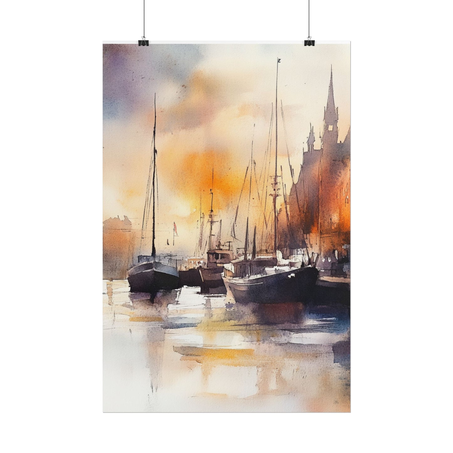 Harbour Reflections - Abstract Watercolour of Boats at Sunset