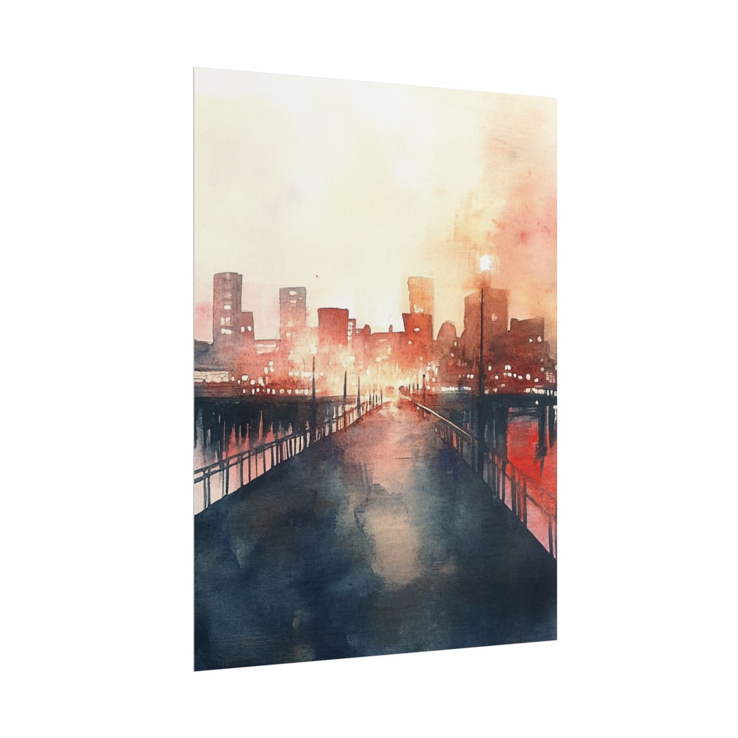 City Lights Reflection - Abstract Watercolour of Urban Twilight