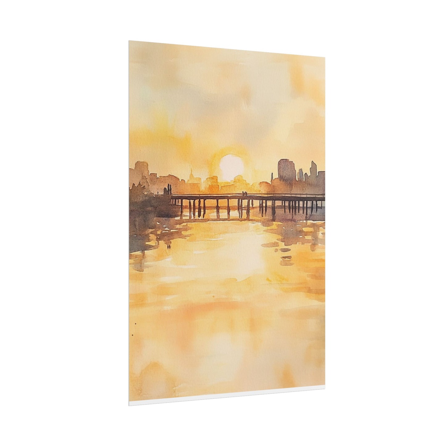 Golden Horizon - Abstract Sunset Cityscape Watercolour