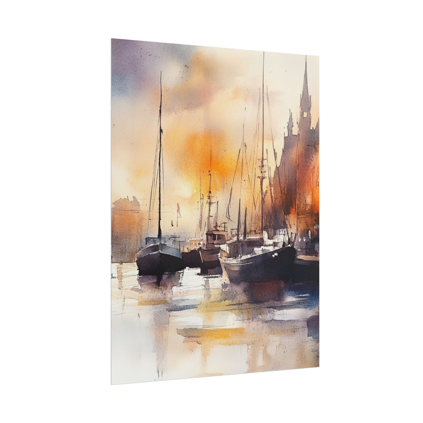 Harbour Reflections - Abstract Watercolour of Boats at Sunset