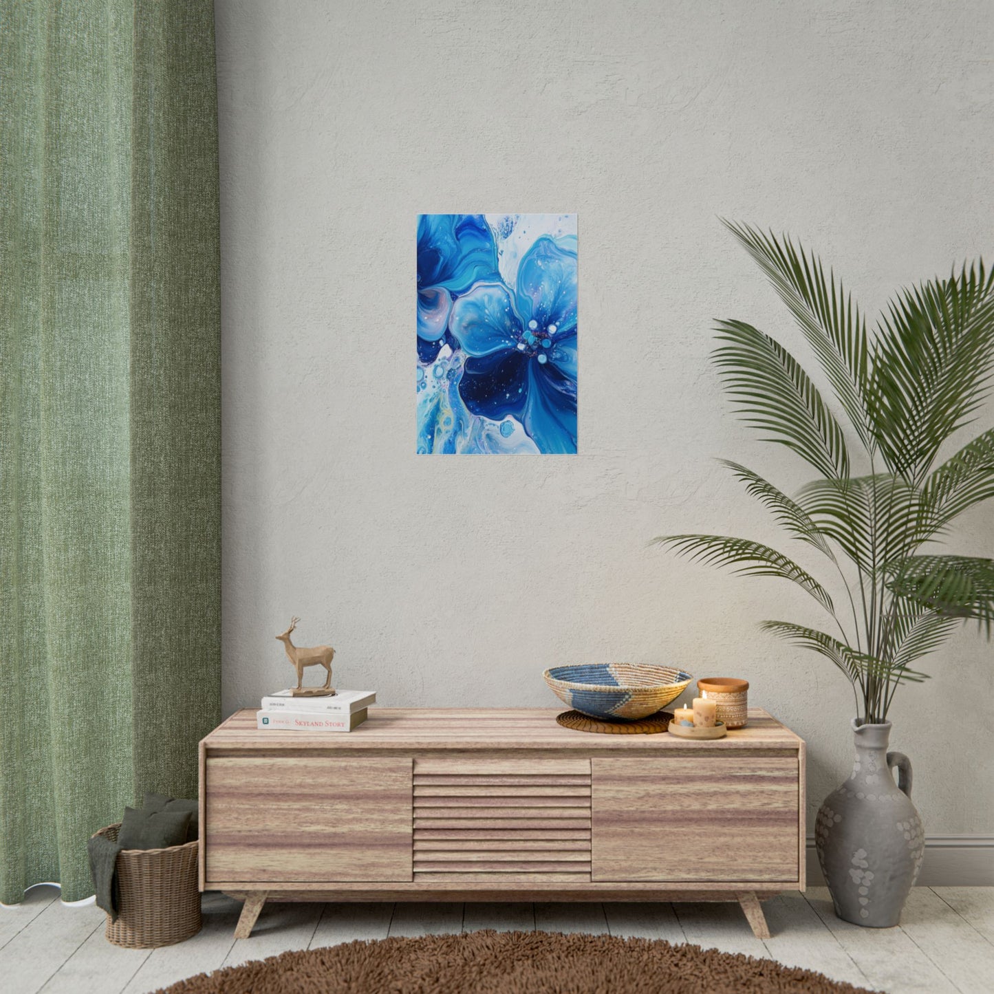 Celestial Bloom - Abstract Floral Art Print in Shades of Blue