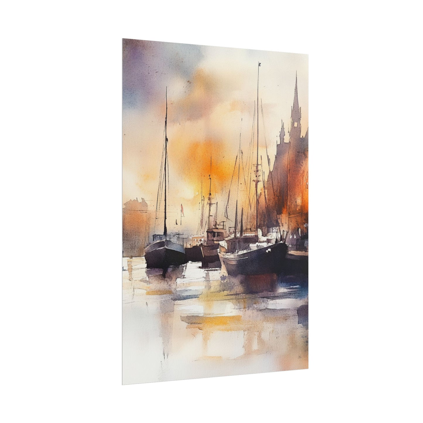 Harbour Reflections - Abstract Watercolour of Boats at Sunset