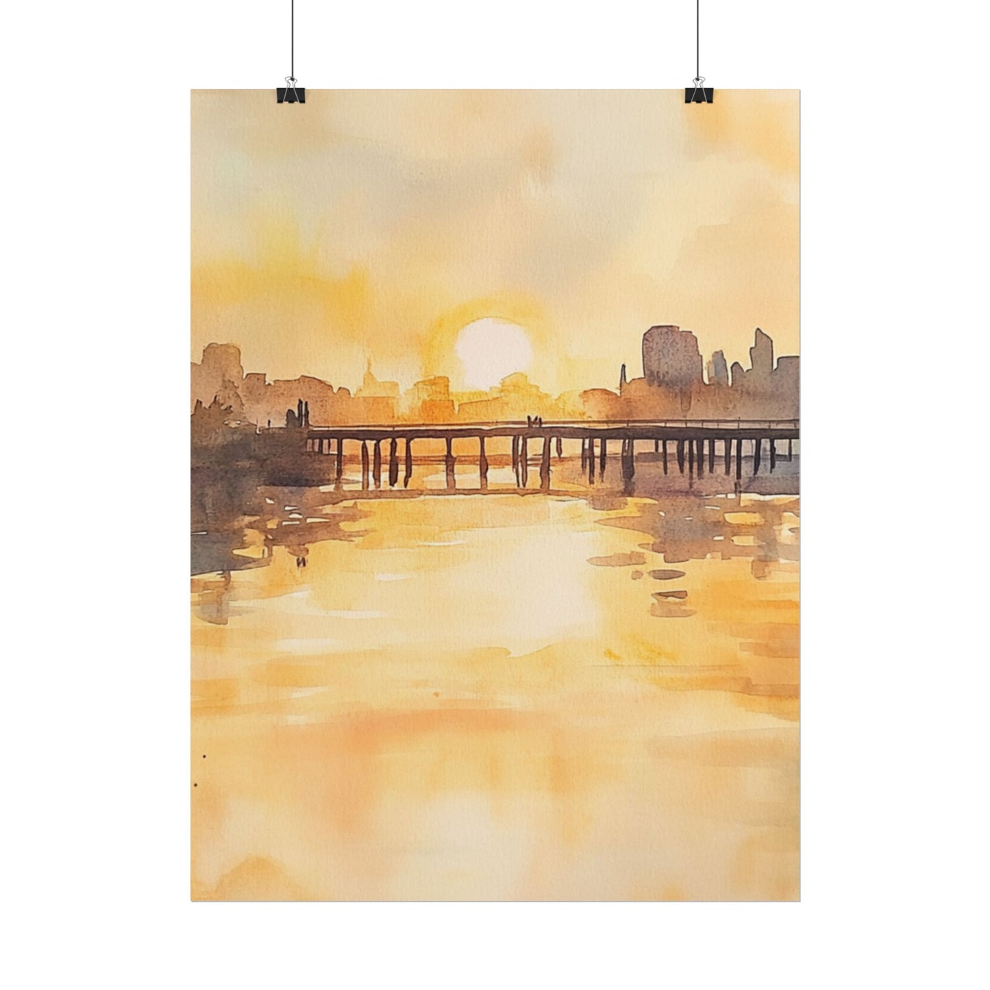 Golden Horizon - Abstract Sunset Cityscape Watercolour