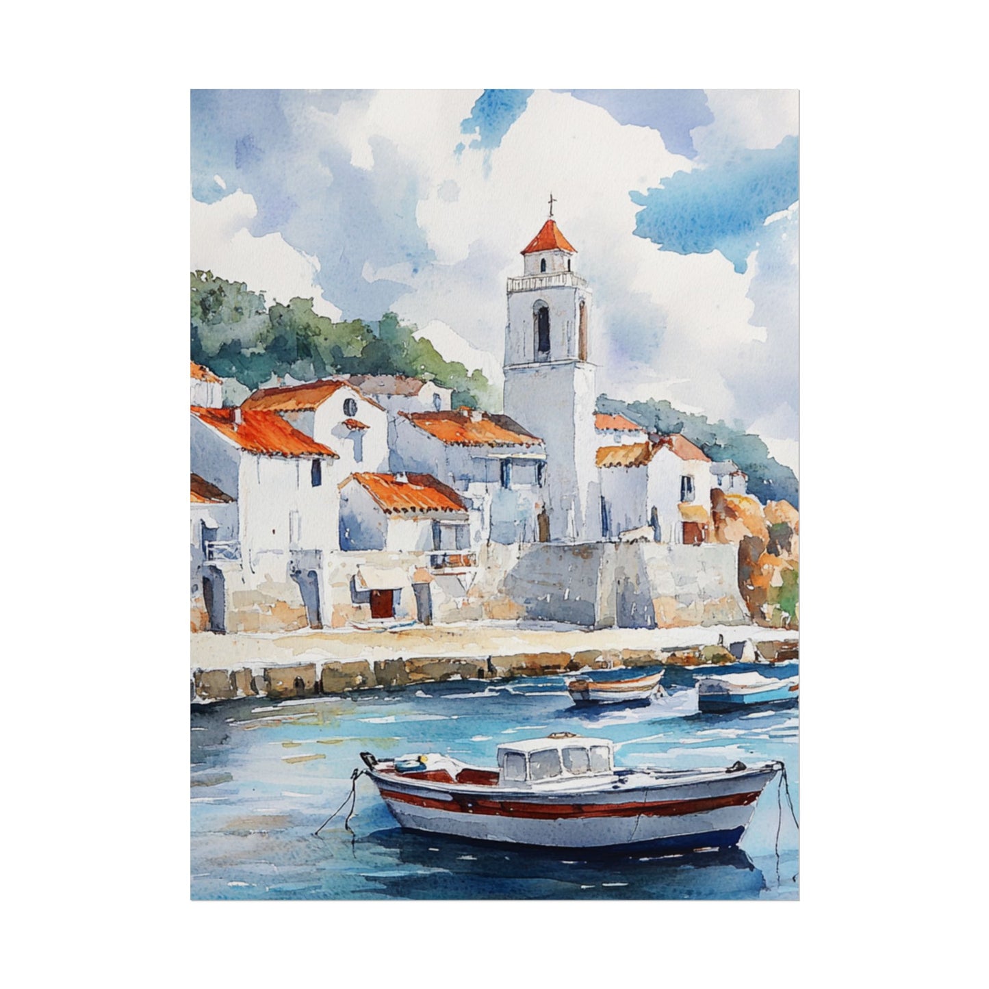 Coastal Serenity - Abstract Watercolour Harbour Scene