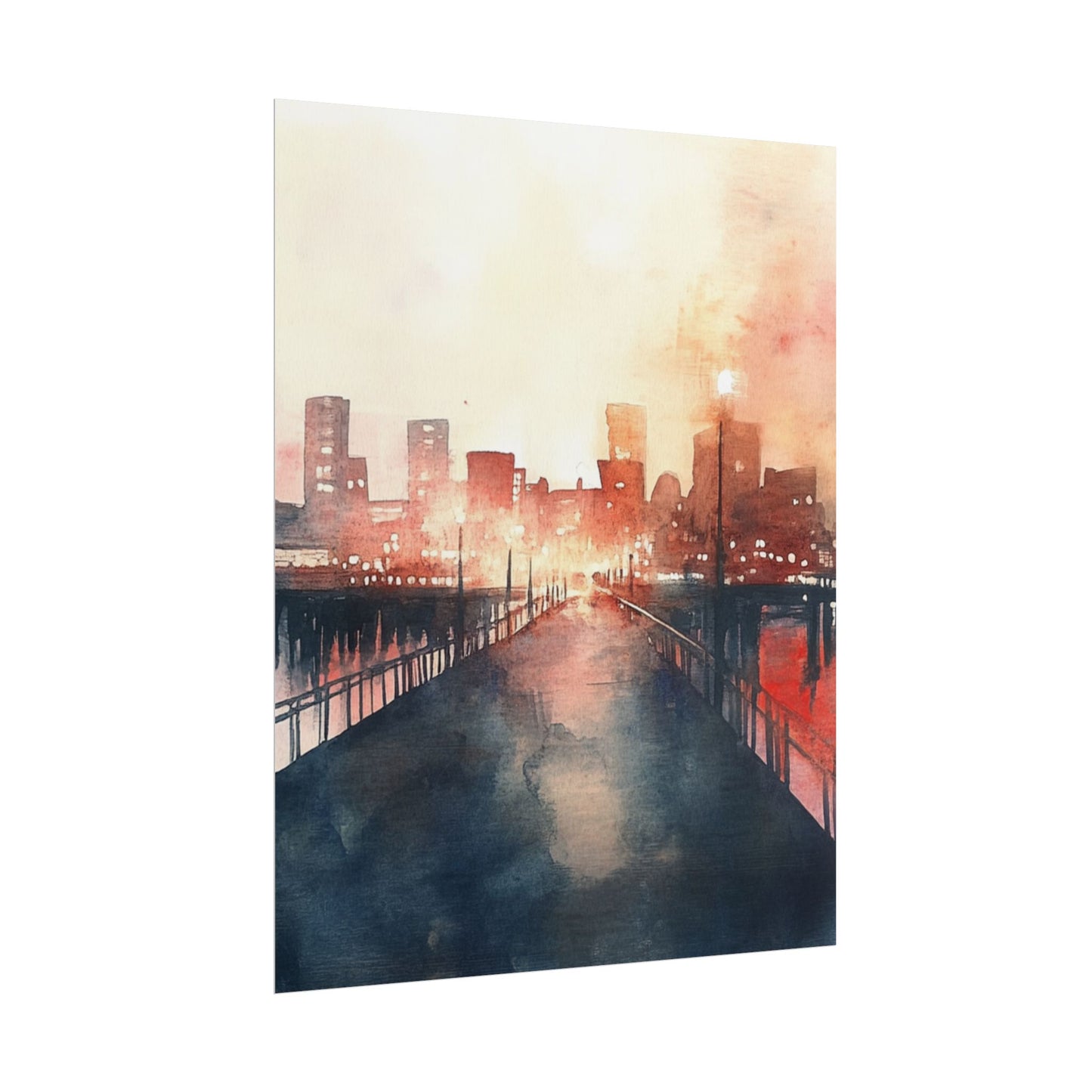 City Lights Reflection - Abstract Watercolour of Urban Twilight