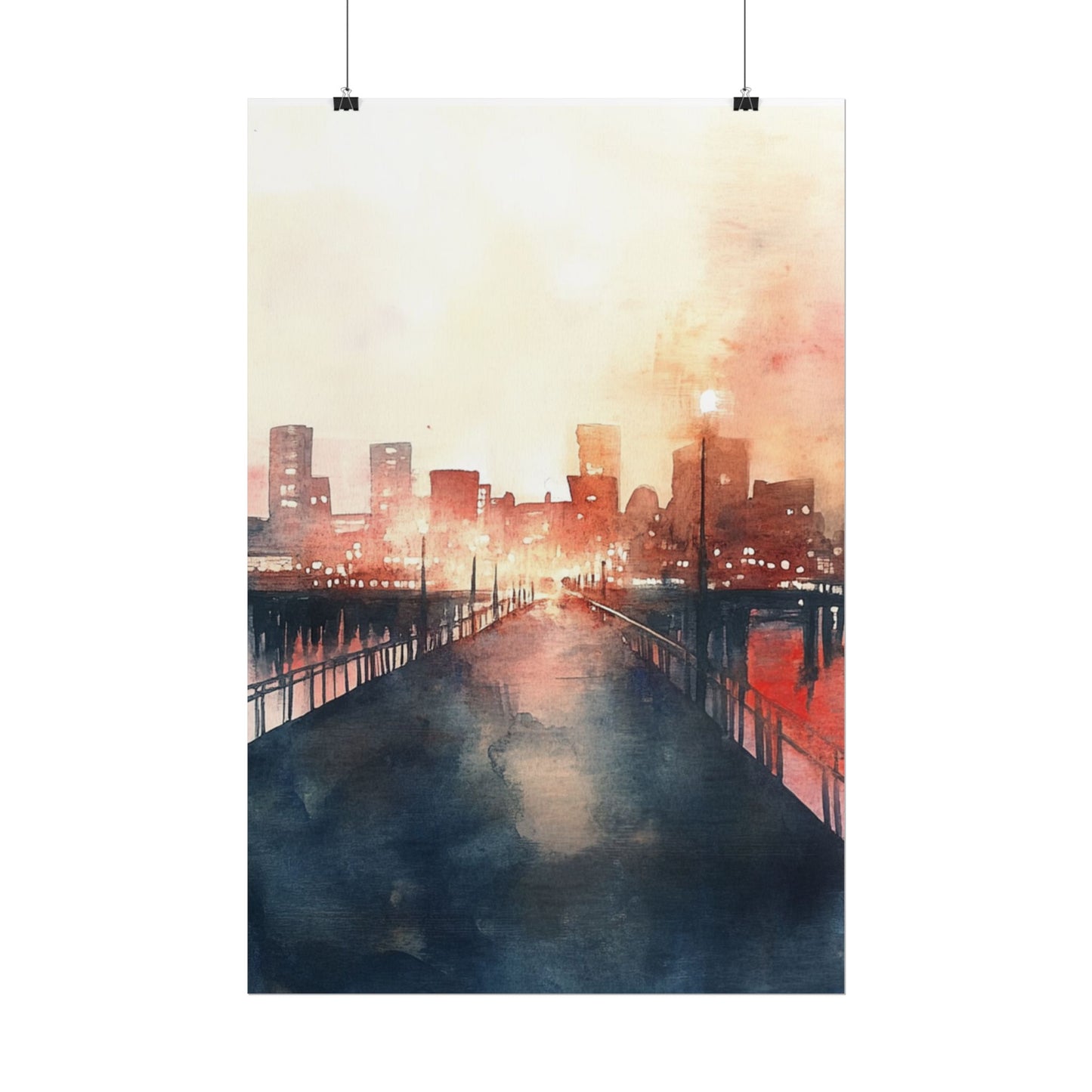 City Lights Reflection - Abstract Watercolour of Urban Twilight