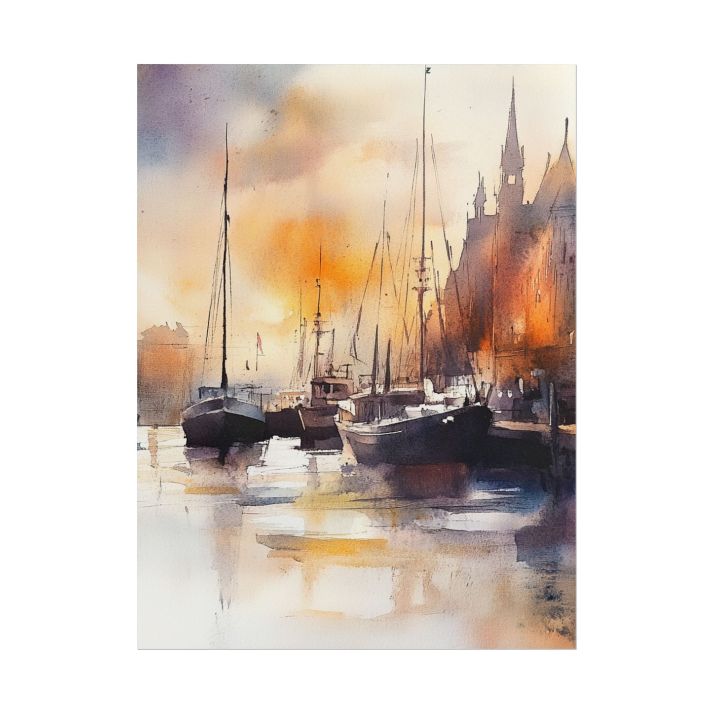 Harbour Reflections - Abstract Watercolour of Boats at Sunset