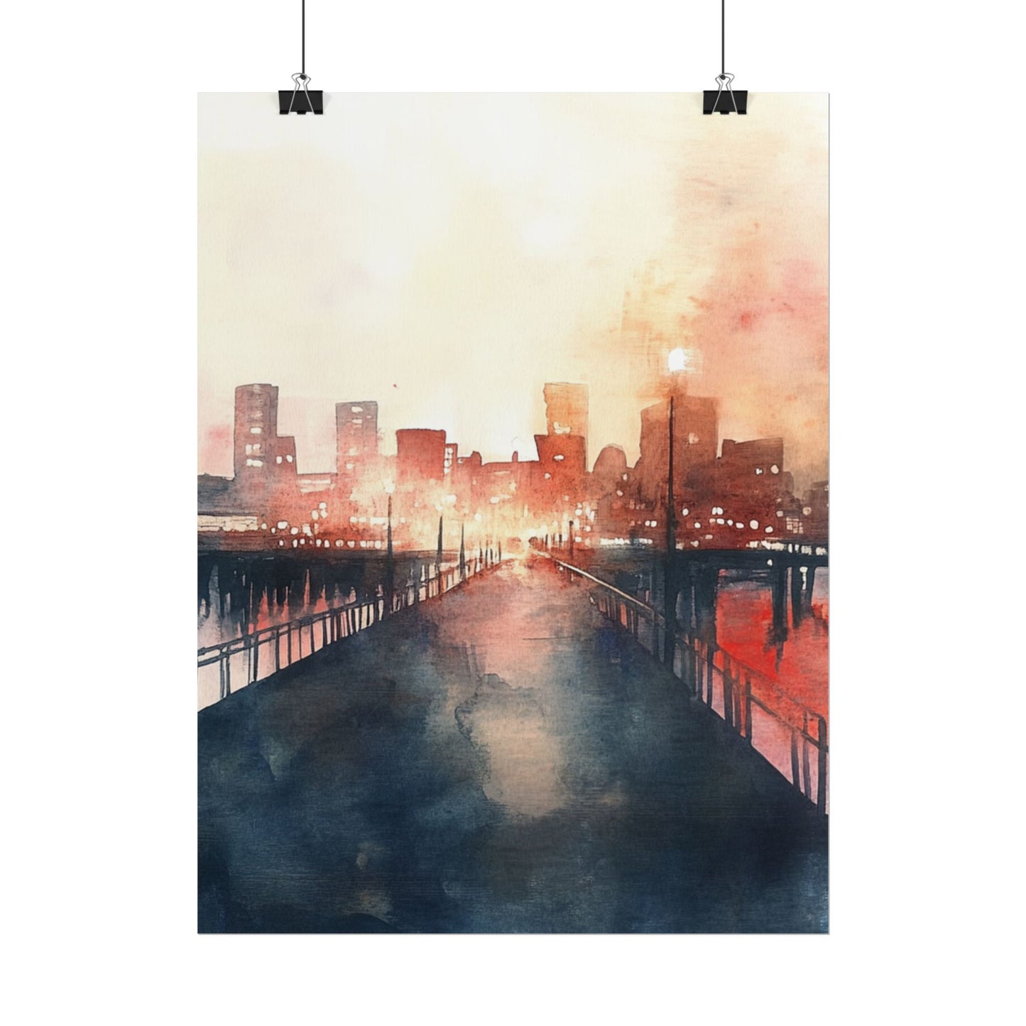 City Lights Reflection - Abstract Watercolour of Urban Twilight