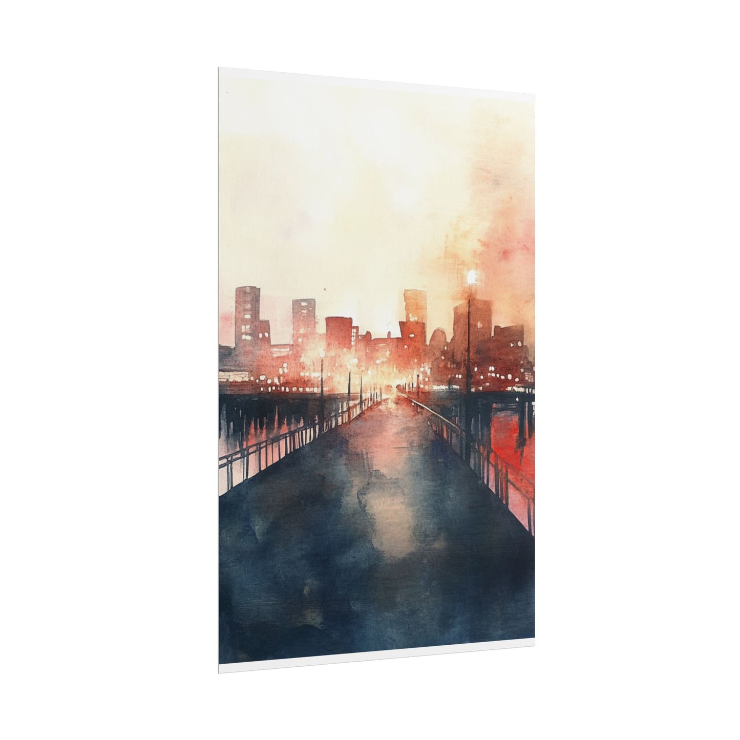 City Lights Reflection - Abstract Watercolour of Urban Twilight