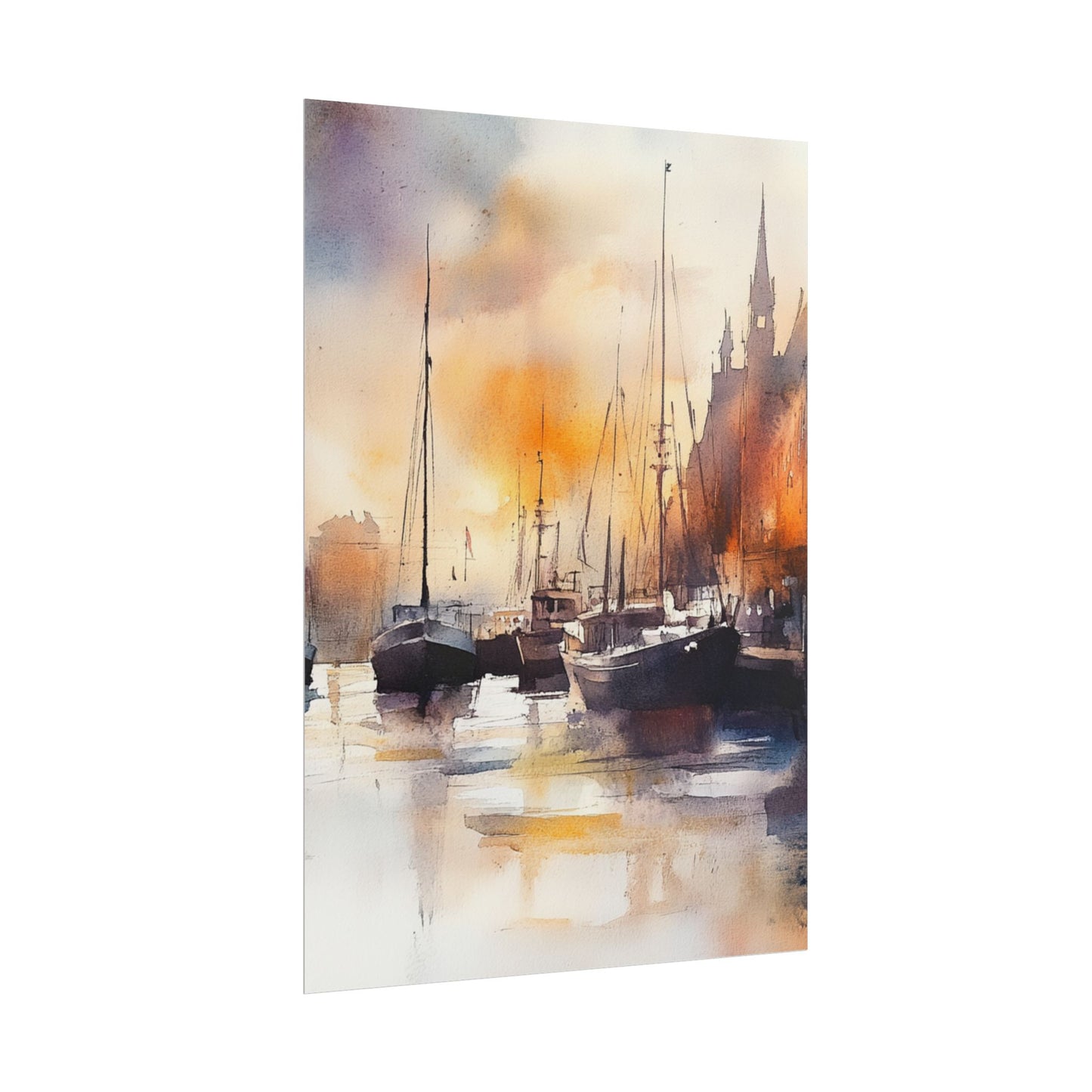 Harbour Reflections - Abstract Watercolour of Boats at Sunset