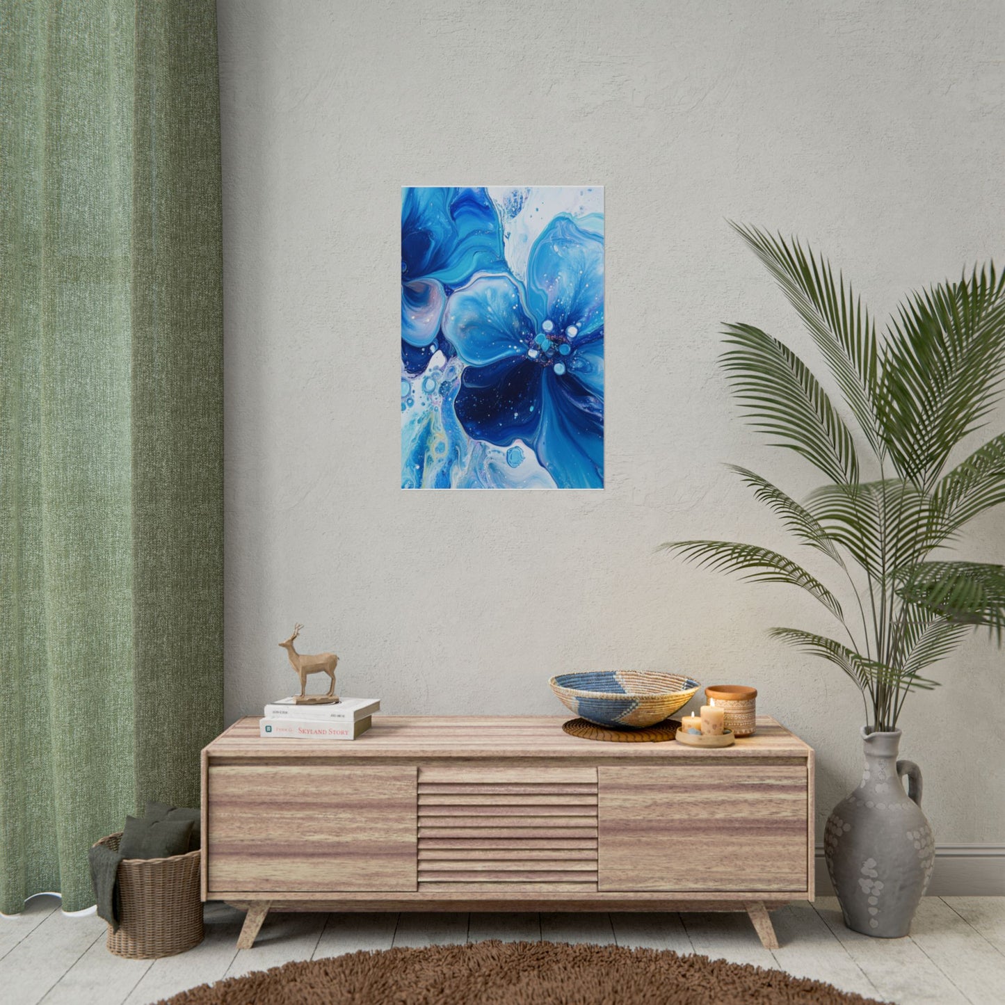 Celestial Bloom - Abstract Floral Art Print in Shades of Blue