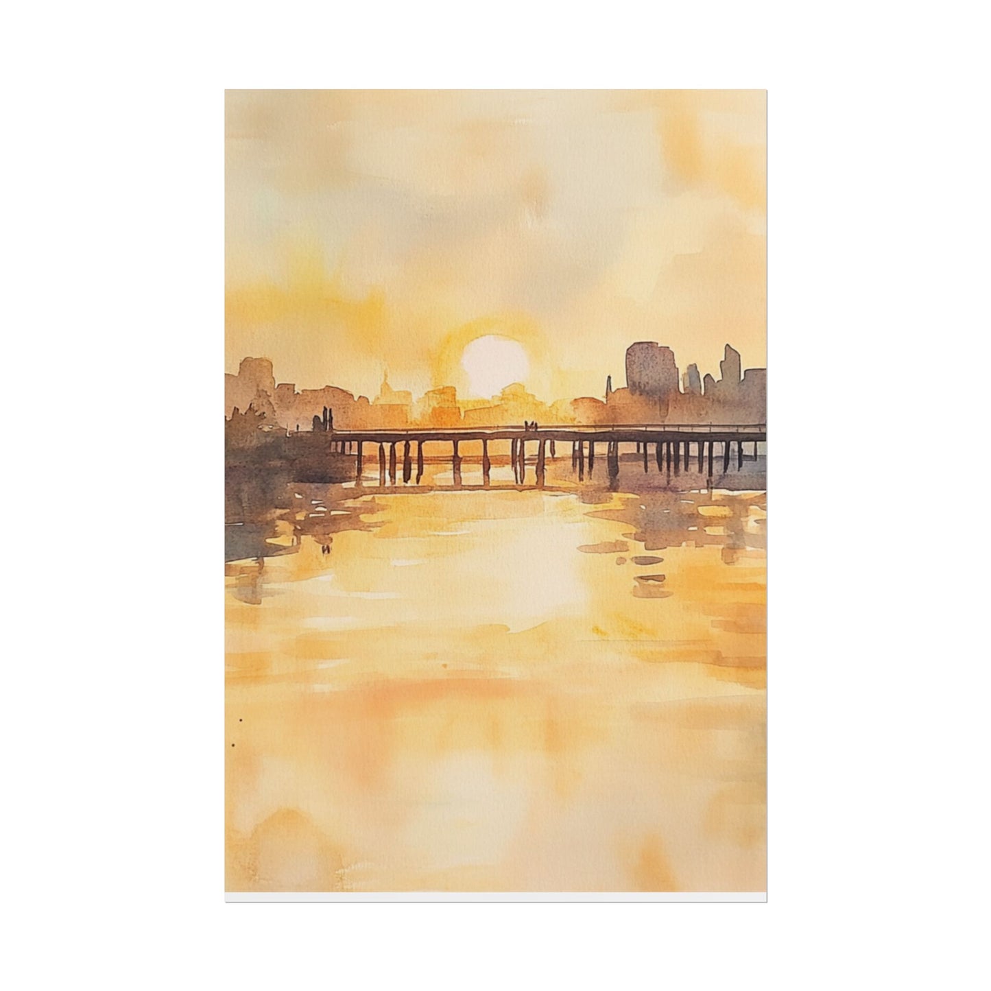 Golden Horizon - Abstract Sunset Cityscape Watercolour