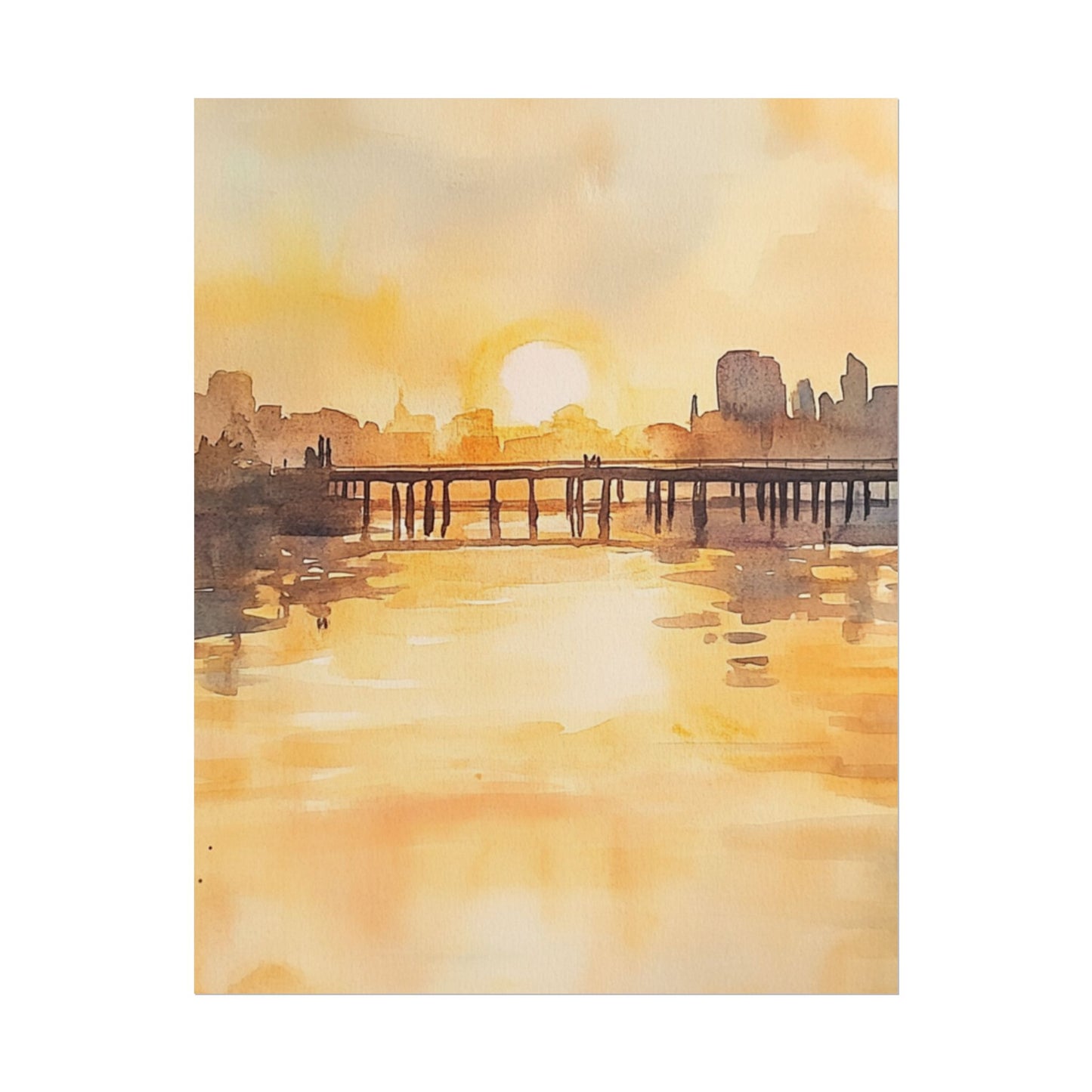 Golden Horizon - Abstract Sunset Cityscape Watercolour