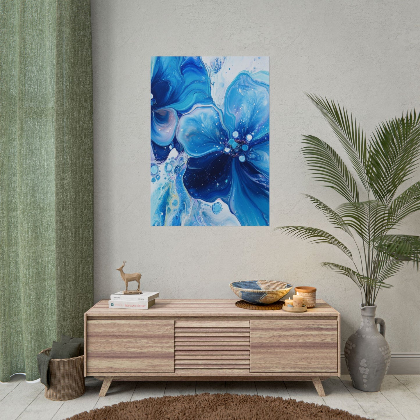 Celestial Bloom - Abstract Floral Art Print in Shades of Blue