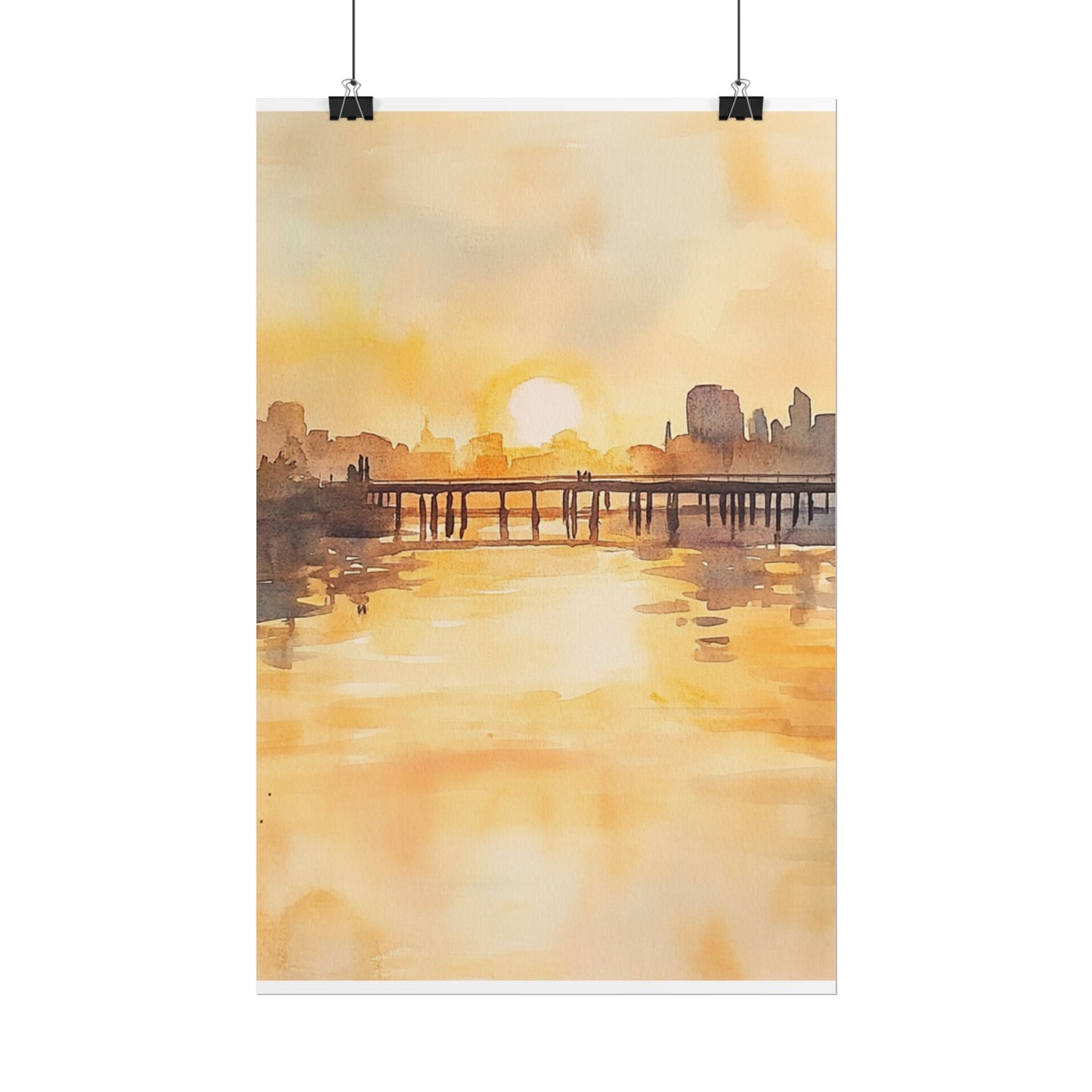 Golden Horizon - Abstract Sunset Cityscape Watercolour