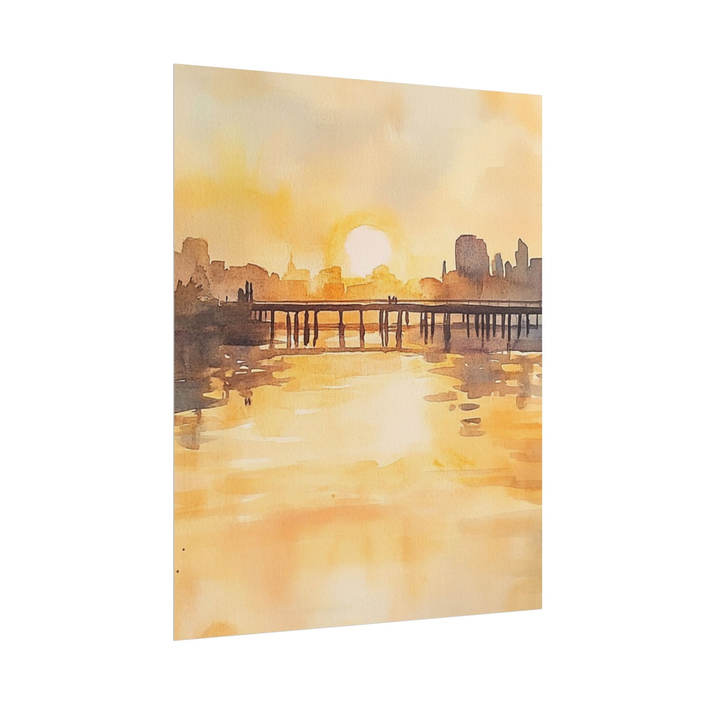 Golden Horizon - Abstract Sunset Cityscape Watercolour