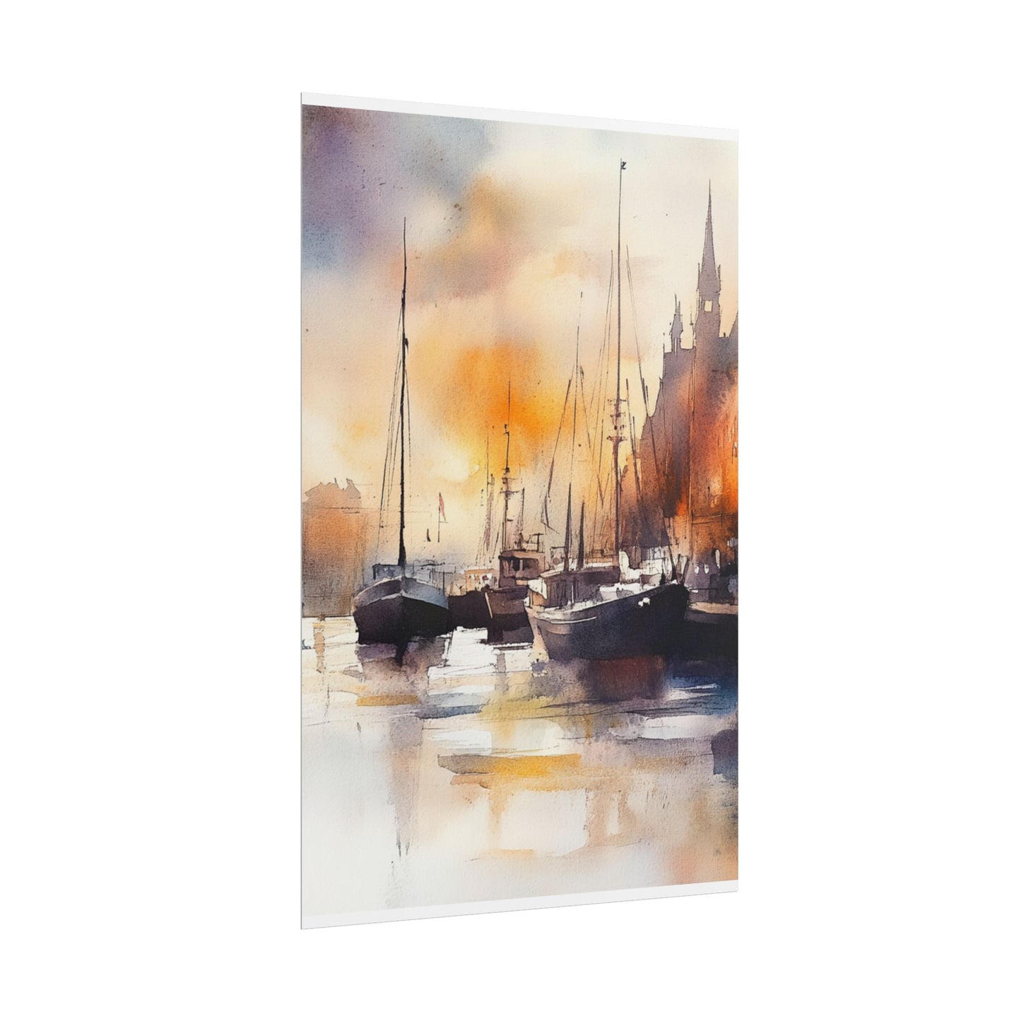 Harbour Reflections - Abstract Watercolour of Boats at Sunset