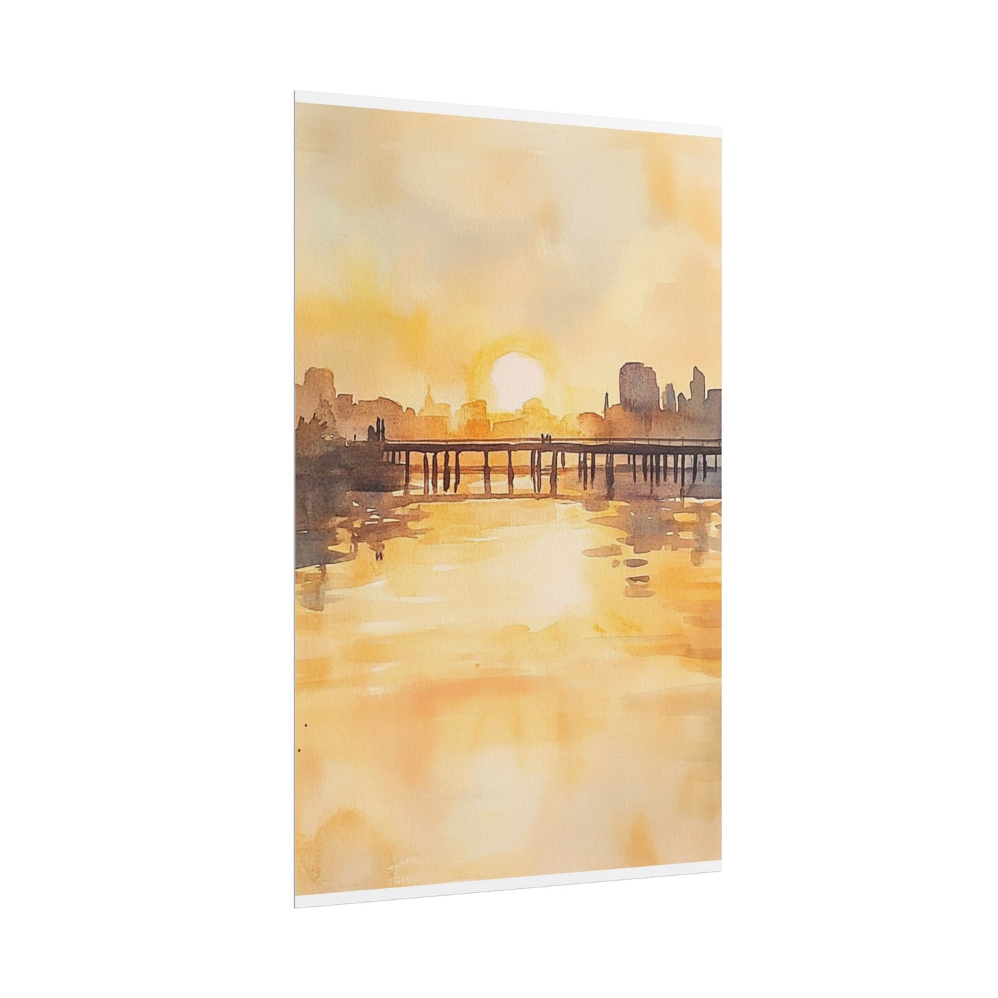 Golden Horizon - Abstract Sunset Cityscape Watercolour