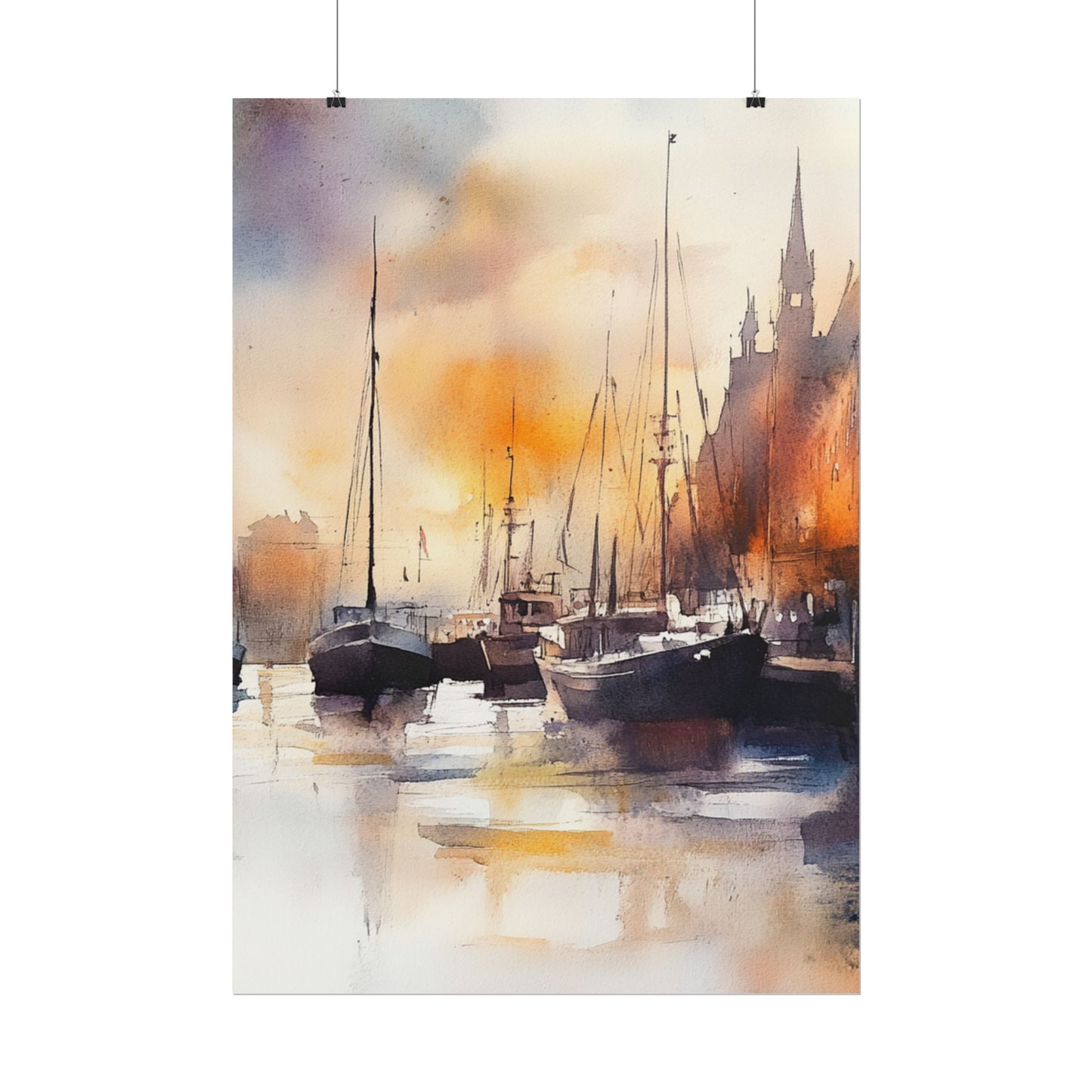 Harbour Reflections - Abstract Watercolour of Boats at Sunset