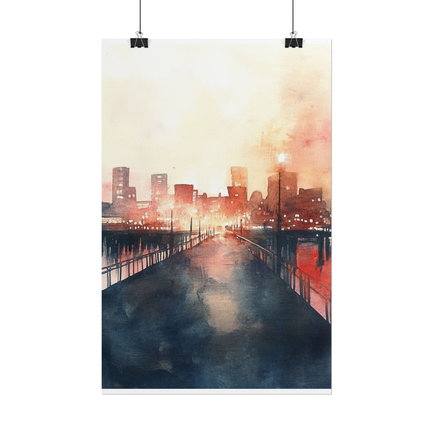 City Lights Reflection - Abstract Watercolour of Urban Twilight