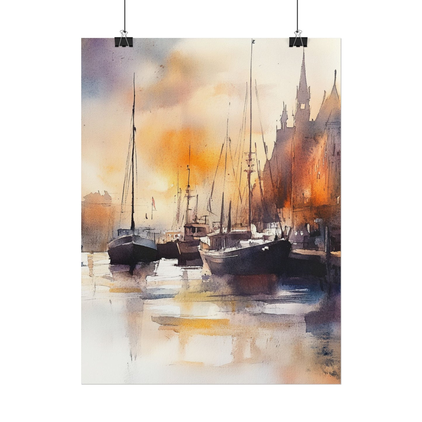 Harbour Reflections - Abstract Watercolour of Boats at Sunset