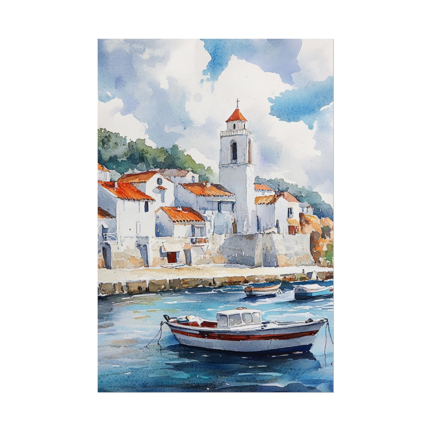 Coastal Serenity - Abstract Watercolour Harbour Scene