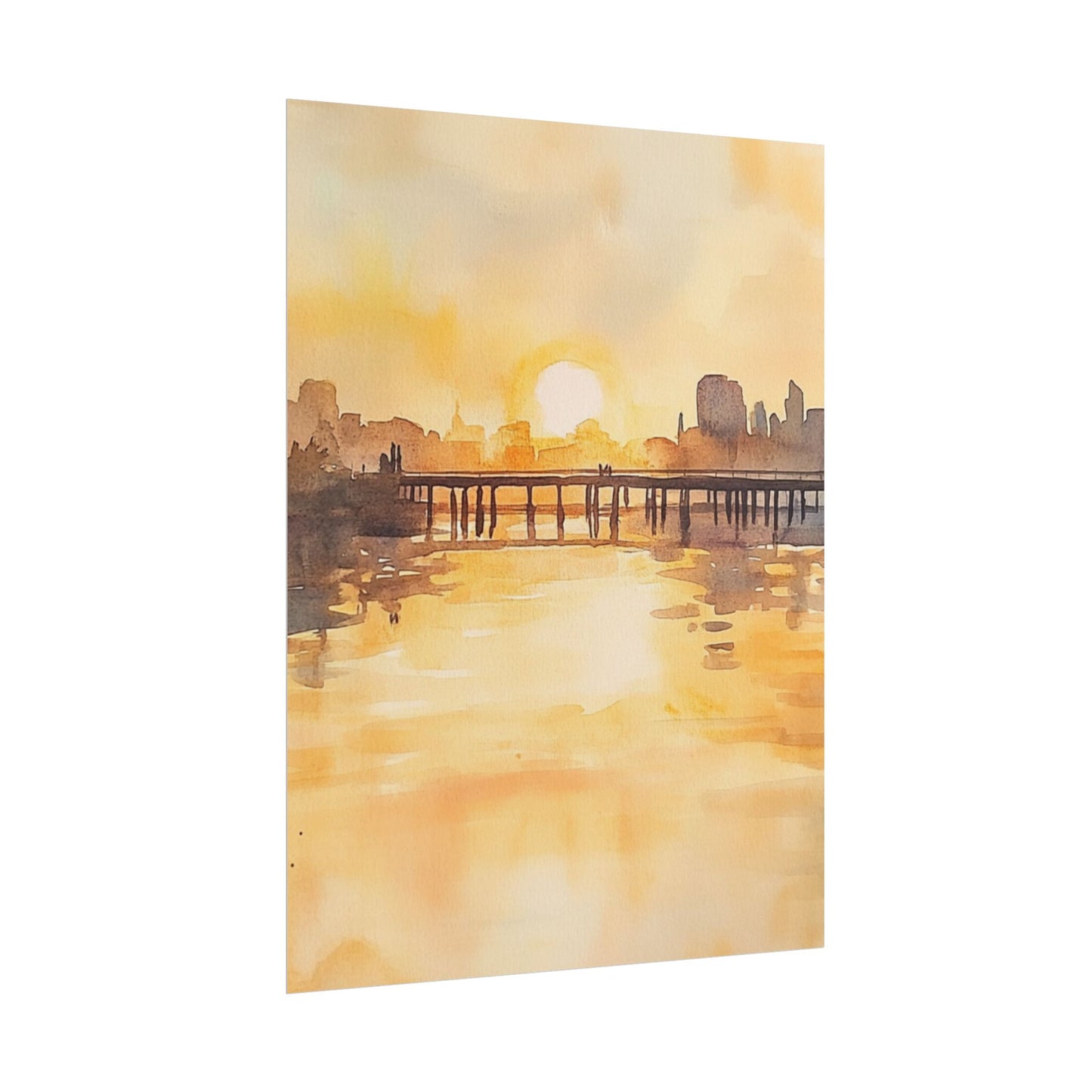 Golden Horizon - Abstract Sunset Cityscape Watercolour