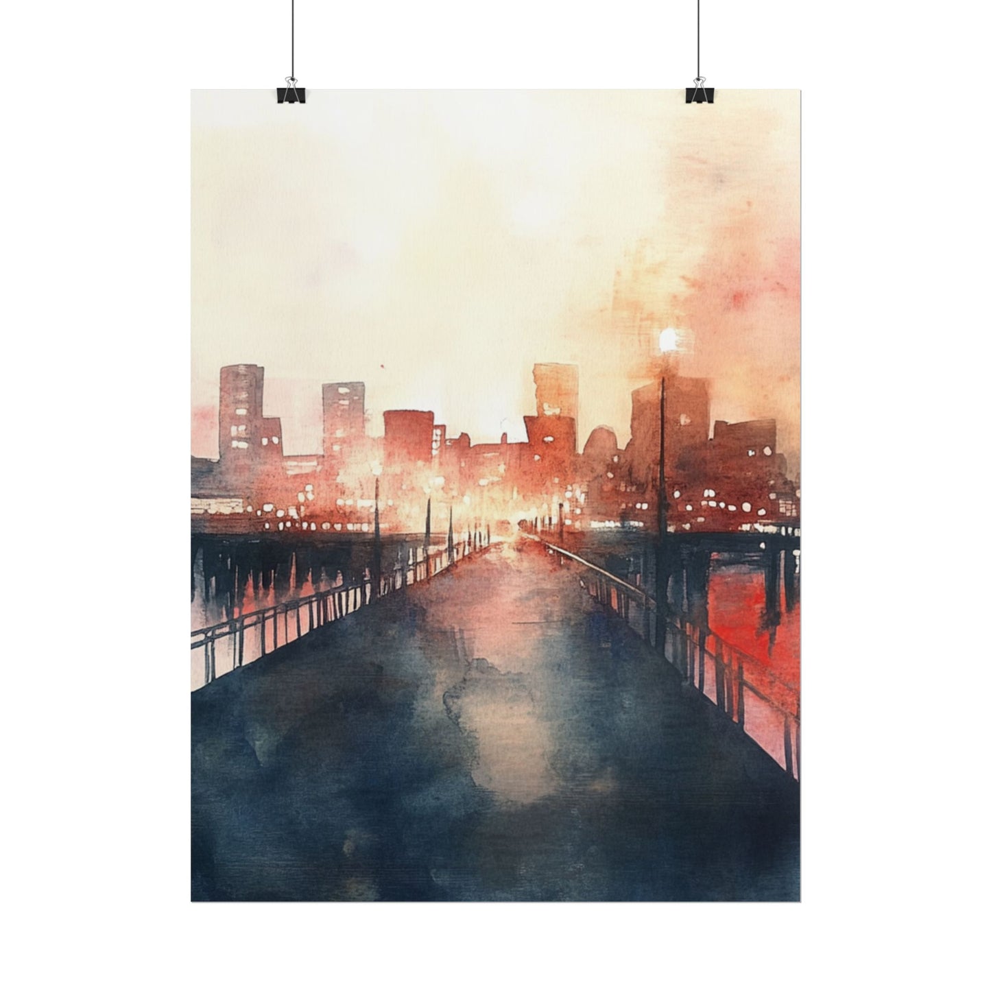 City Lights Reflection - Abstract Watercolour of Urban Twilight