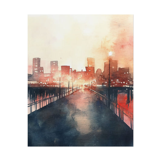 City Lights Reflection - Abstract Watercolour of Urban Twilight