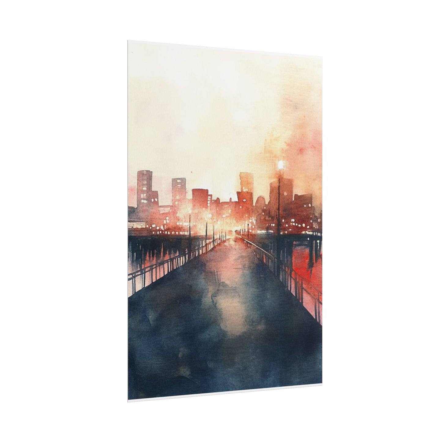 City Lights Reflection - Abstract Watercolour of Urban Twilight