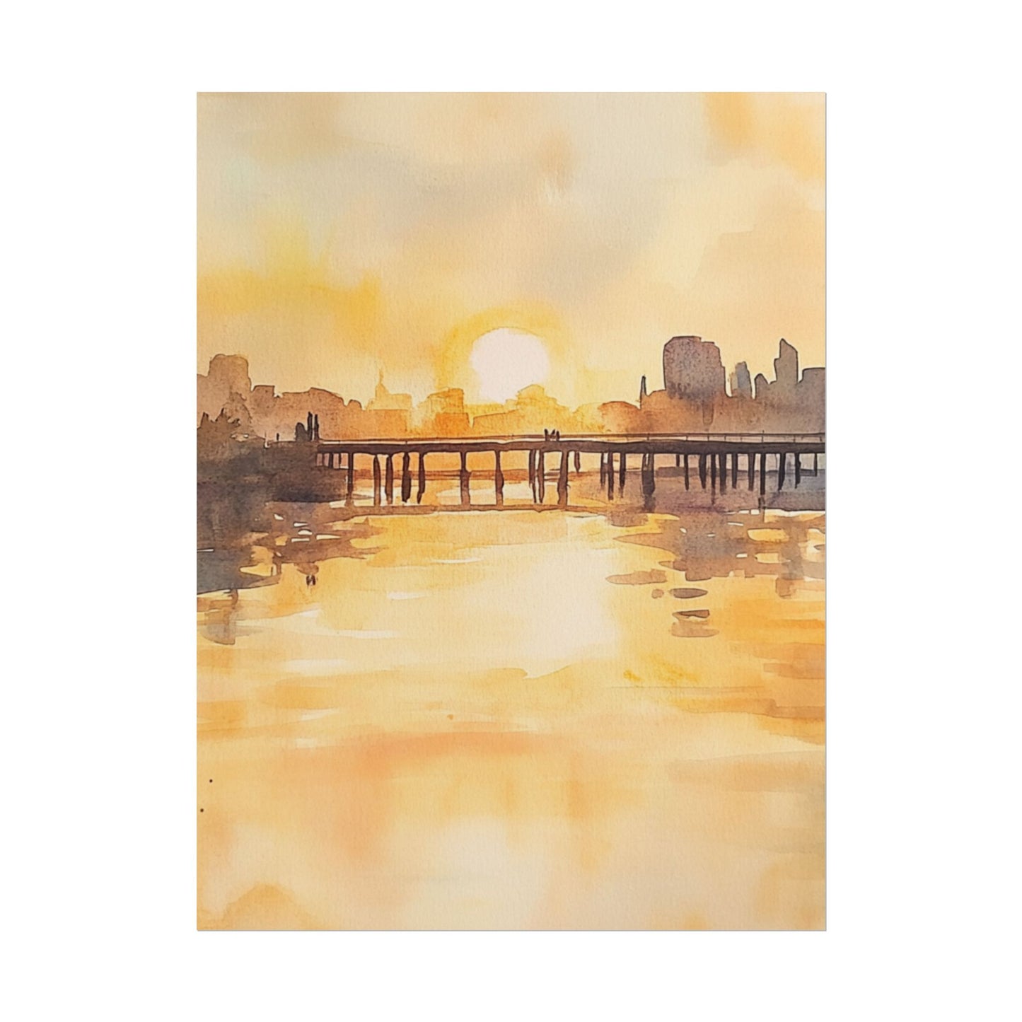 Golden Horizon - Abstract Sunset Cityscape Watercolour